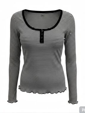 SO Black White Striped Henley Top XS Long Sleeve Lettuce Hem Y2K Fitted Stretch